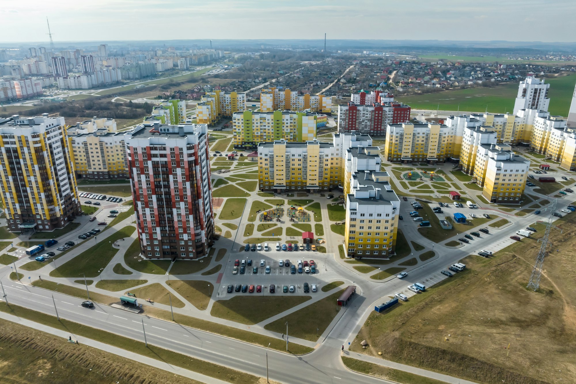 aerial panoramic view over construction of new modern residential complex